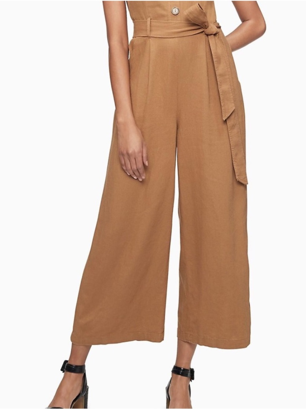Calvin Klein Sleeveless V-Neck Wide-Leg Jumpsuit in Camel - Picture 2 of 8
